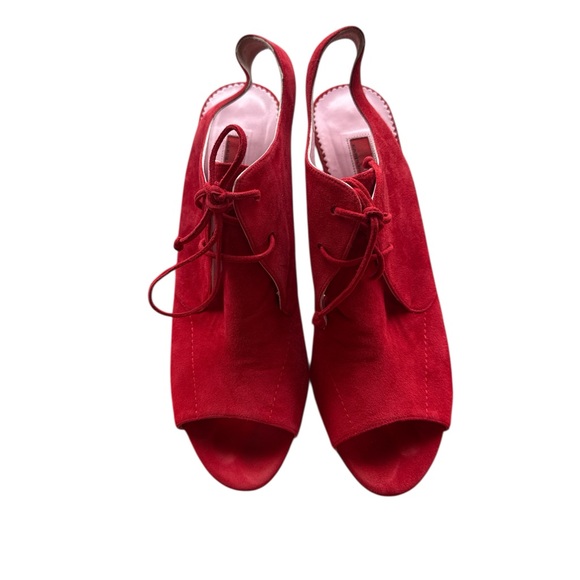 Carolina Herrera Red Suede Open Toe Booties Heels EU 40 US 9.5 Lace Up Luxury - Picture 5 of 11